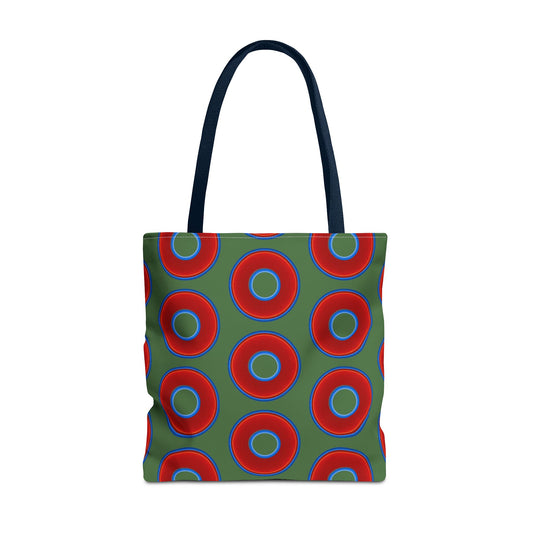 Lumpy Beach/Tote Bag - red vivid donuts w/dark Fenway green background