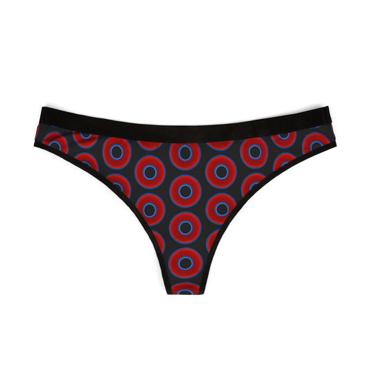 Lumpy Donut Thongs - red vivid donut print w/black background