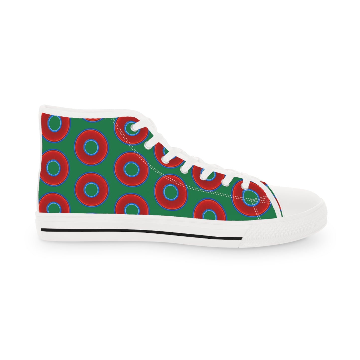 Men's High Top Chucks - large vivid red donut print w/green background