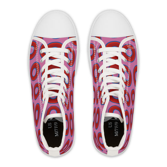Women's High Top Chuck Taylors - large vivid red donut print w/pink background