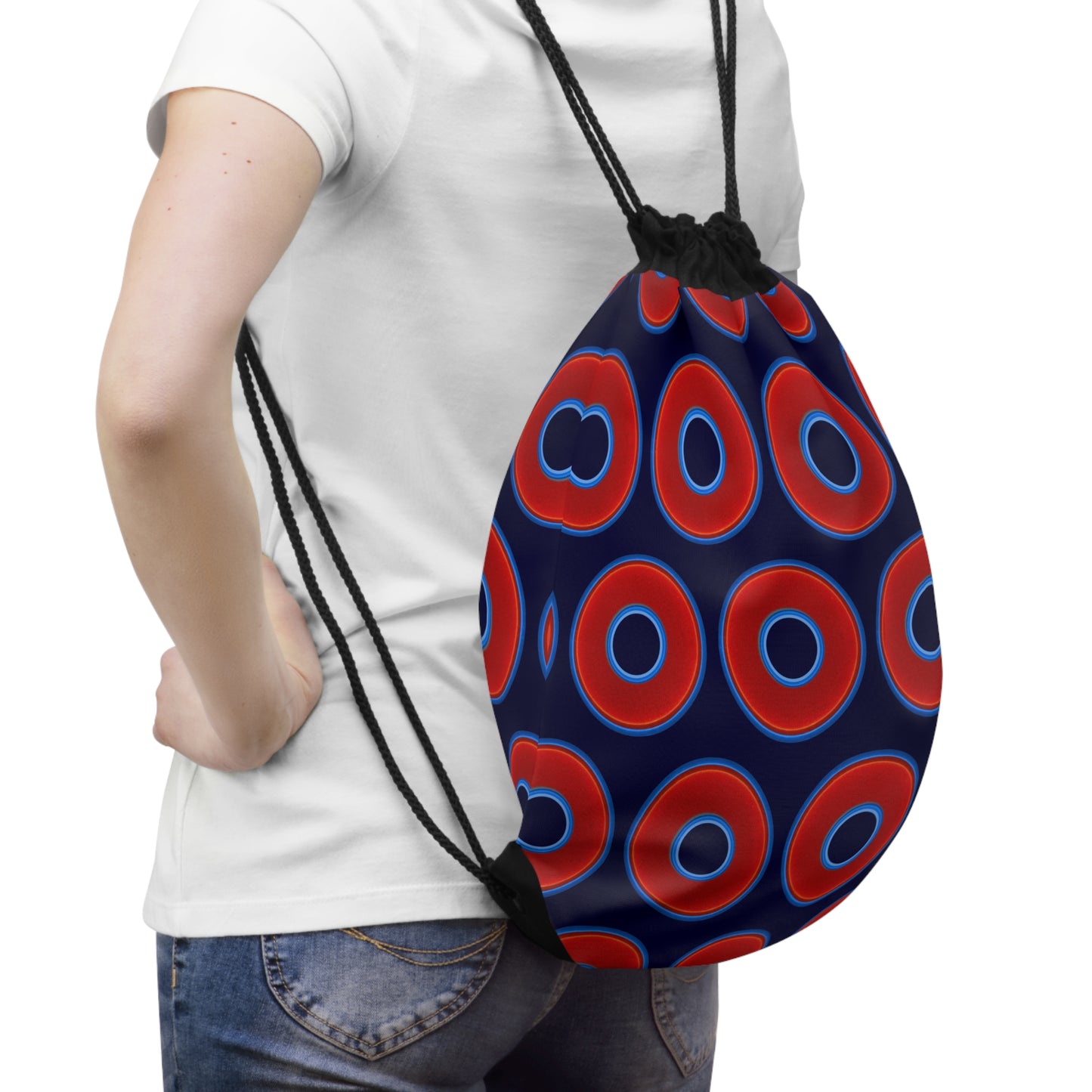 Lumpy Donut Drawstring Bag - red vivid donuts print w/midnight blue background