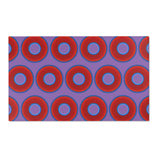 Lumpy Donut Print Rug - choice of 3 sizes - vivid red donut print w/light purple background