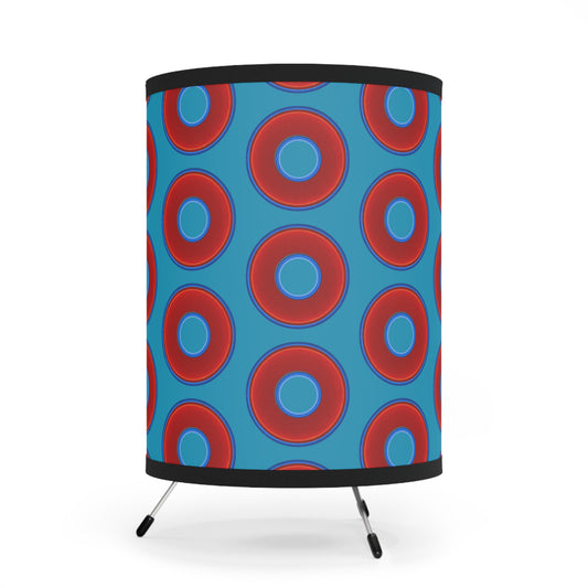 Lumpy Tripod Donut Lamp - vivid red donuts w/aquamarine blue background