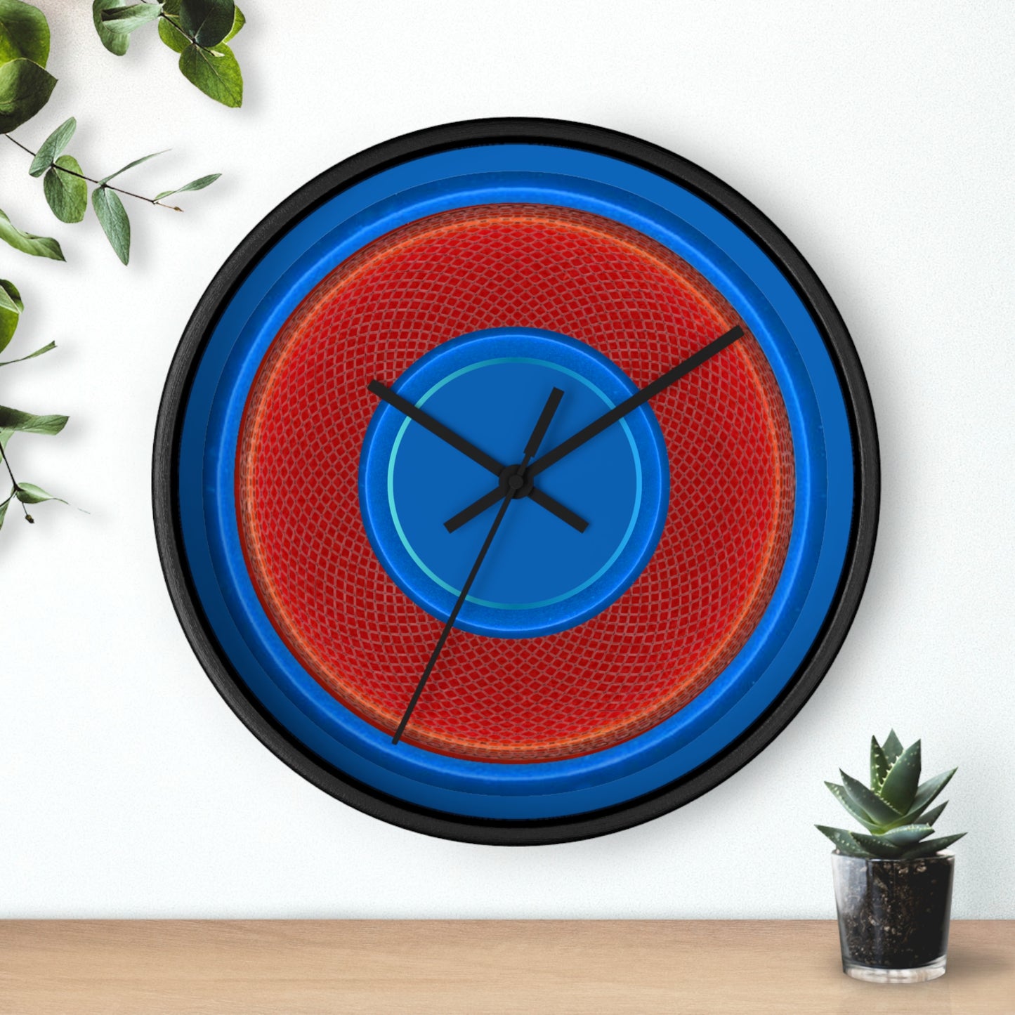 Lumpy Wall Clock - red rustic donut w/light blue edging - variant 3 w/dark royal blue background
