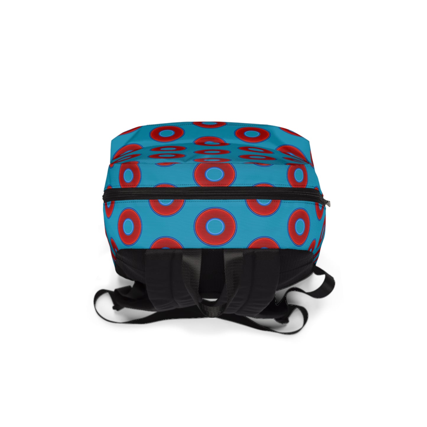 Donut Backpack - red vivid donuts w/aquamarine blue background