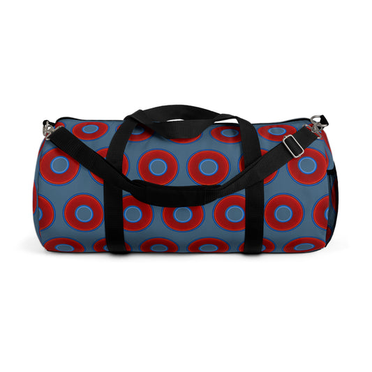 Lumpy Duffel - vivid red donuts w/steel blue background