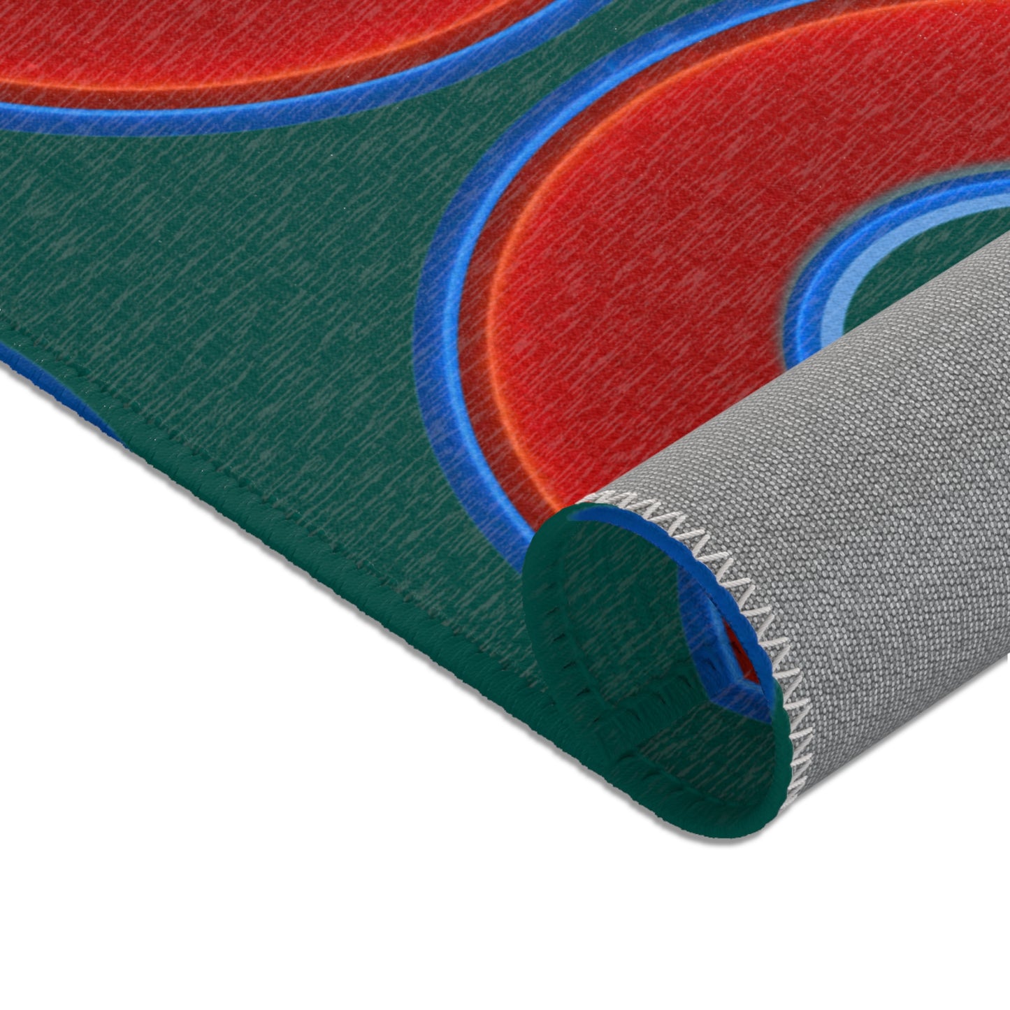 Lumpy Donut Print Rug - choice of 3 sizes - vivid red donut print w/dark Fenway green background