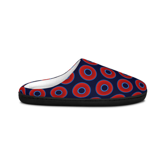Men's Lumpy Slippers - red vivid donut print w/dark navy blue background