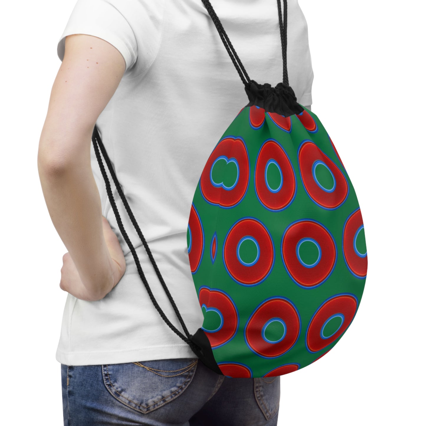 Lumpy Donut Drawstring Bag - red vivid donuts print w/green background
