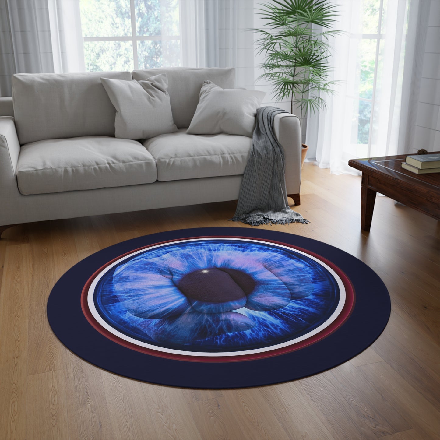 Round Room - 5 ft x 5 ft Lumpy Donut Rug - "Wilson's Eyesore of a Donut Rug" - blue/red idonut w/dark navy background - variant 1