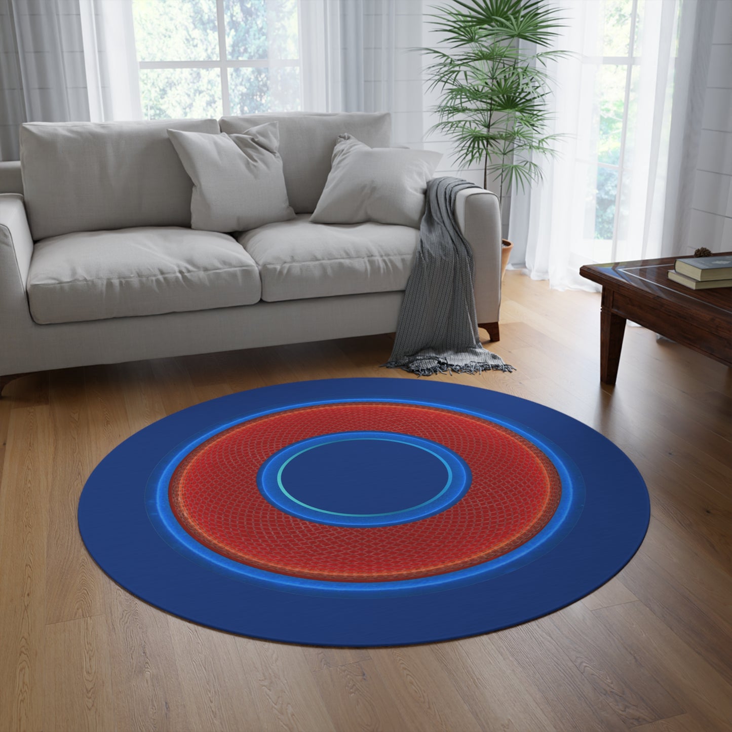 Round Room - 5 ft x 5 ft Lumpy Donut Rug - "Plain Donut" - rustic red/blue donut w/dark blue background