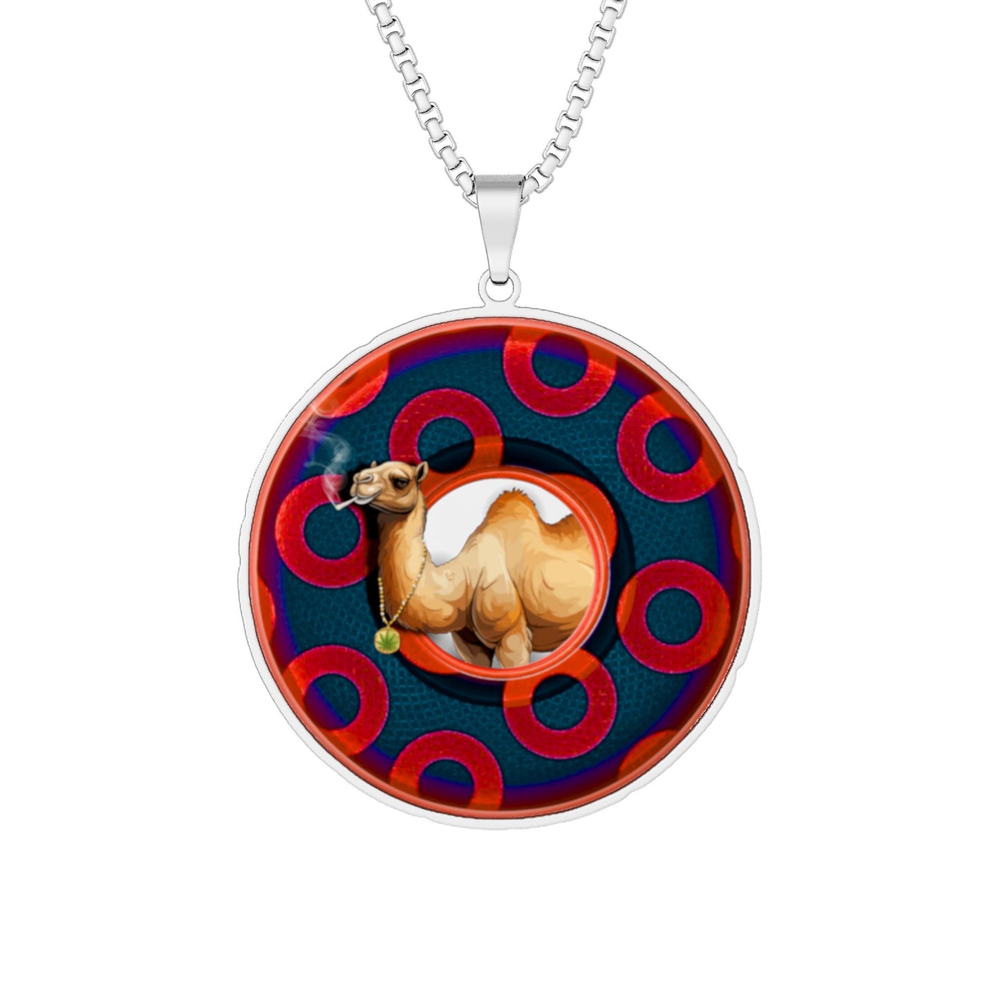 Lump's Heady Donut Necklace - 1" x 1" Stainless Steel Pendant - "Joe Camel's Super Cool Donut Pendant" - navy blue/red rustic paradox donut