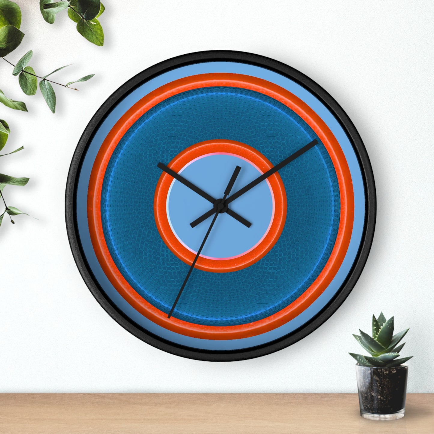 Lumpy Wall Clock - blue rustic donut w/light red/orange edging - variant 2 w/light blue background