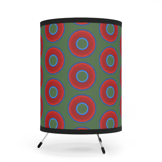 Lumpy Tripod Donut Lamp - vivid red donuts w/dark green background