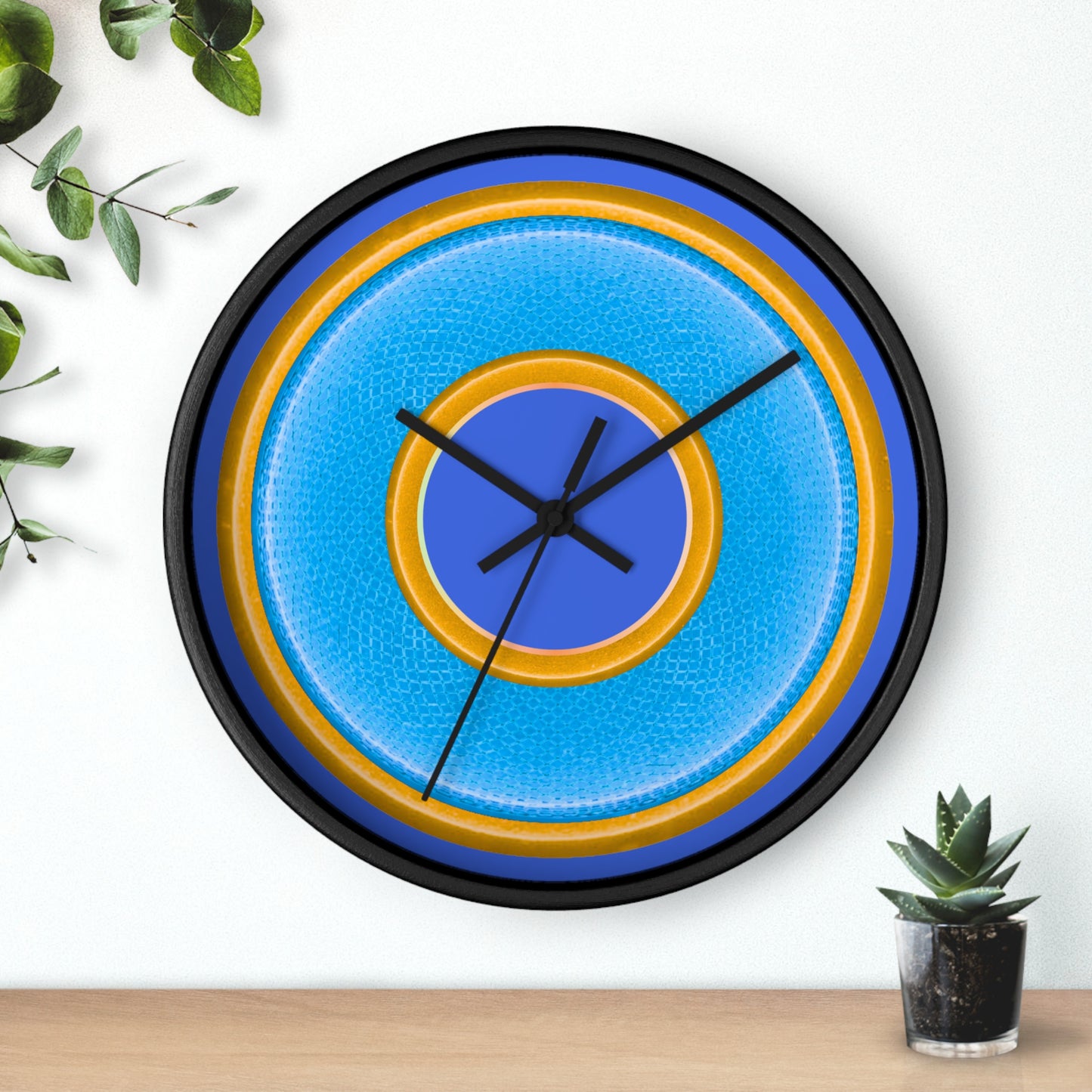 Lumpy Wall Clock - light blue rustic donut w/yellow edging - variant 4 w/royal blue background