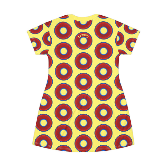 Not a Muumuu AOP Tee Shirt Dress - red vivid donuts w/yellow background