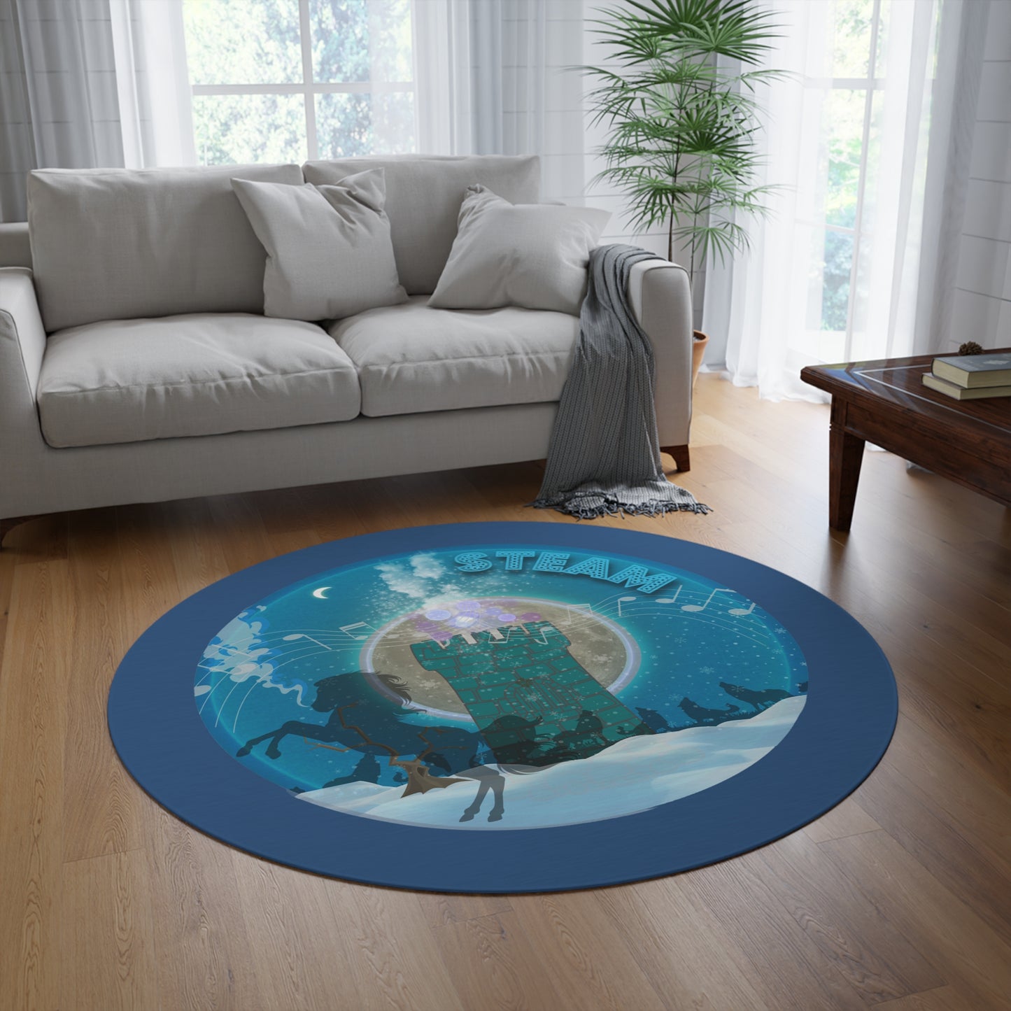 Round Room - 5 ft x 5 ft Lumpy Donut Rug - "Steamed Donut Rug" - vivid blue donut w/light navy background