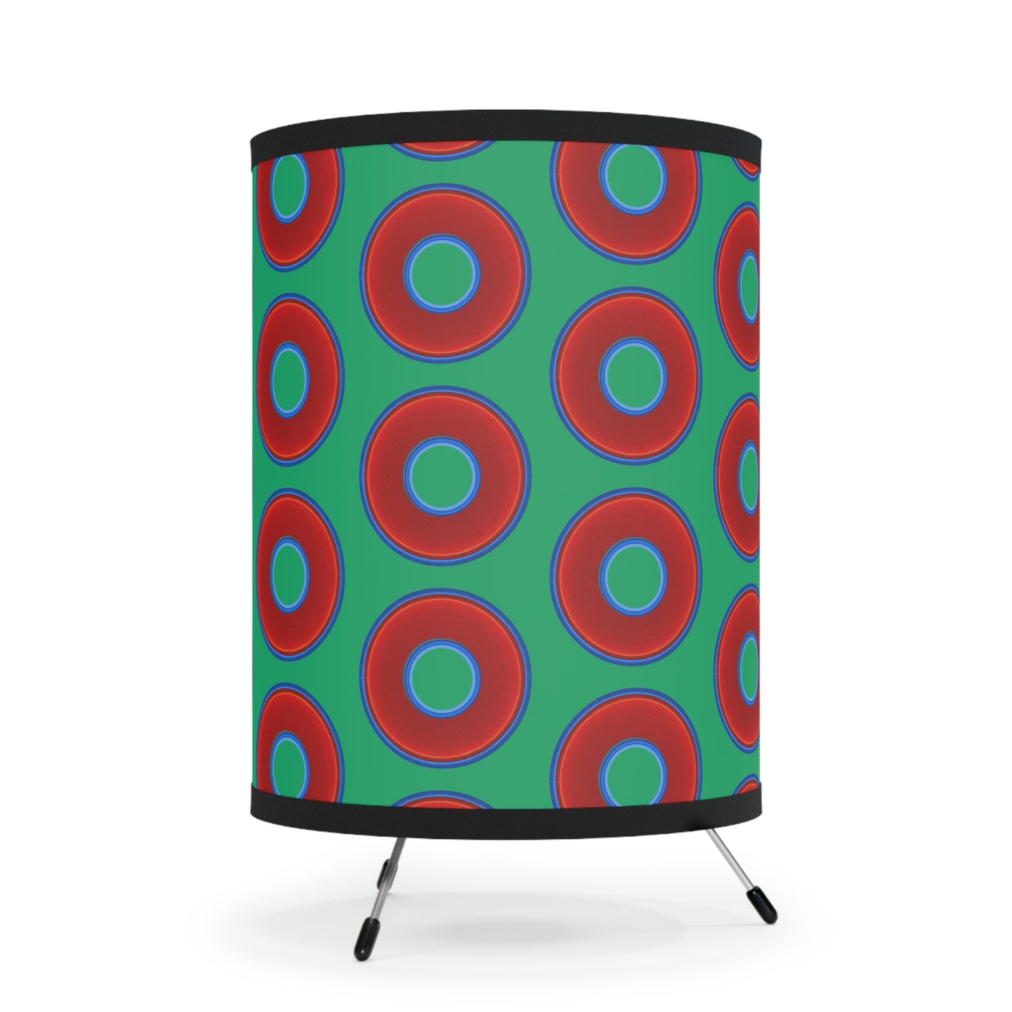 Lumpy Tripod Donut Lamp - vivid red donuts w/jade green background