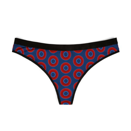 Lumpy Donut Thongs - red vivid donut print w/Atlantic blue background
