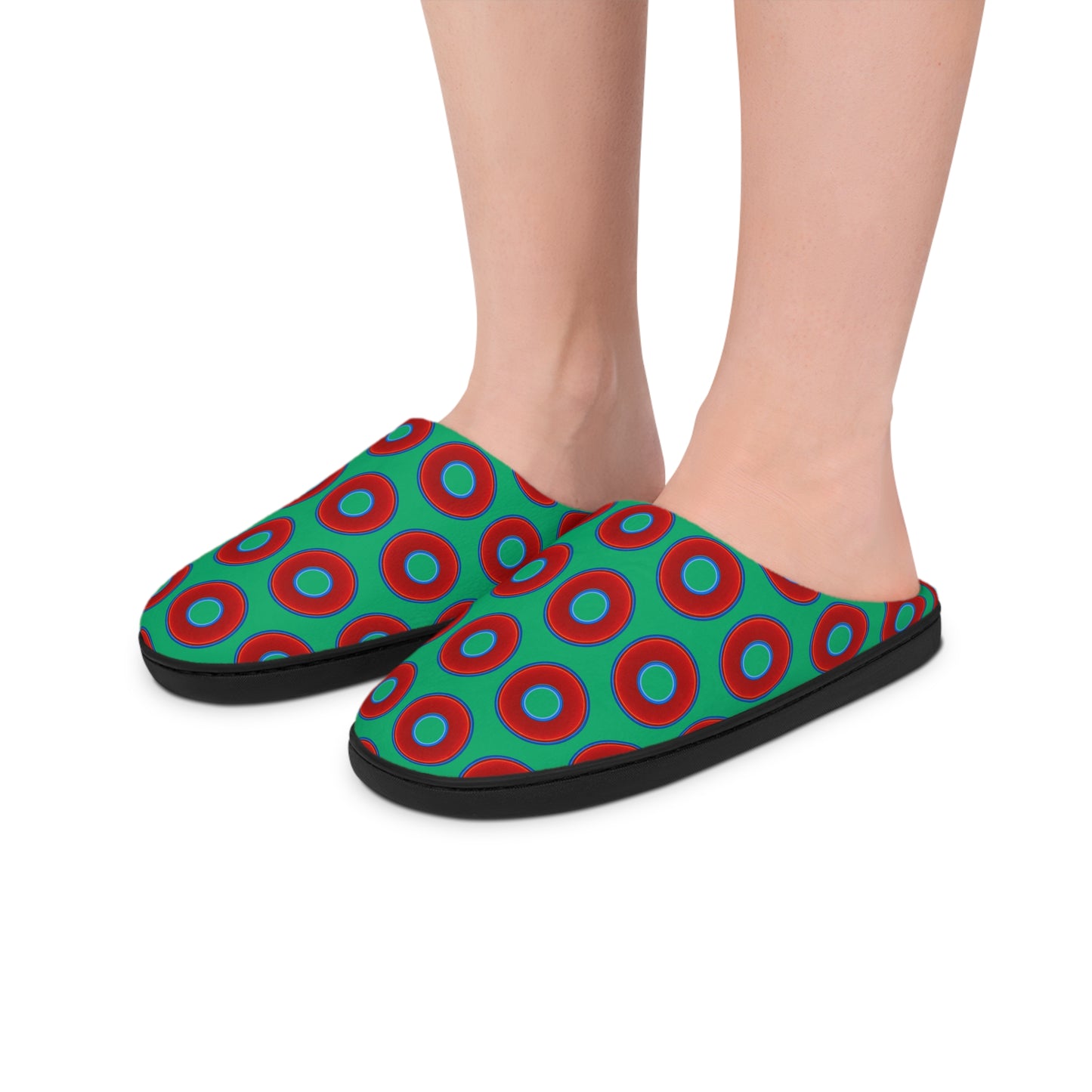 Women's Lumpy Slippers - red vivid donut print w/jade green background