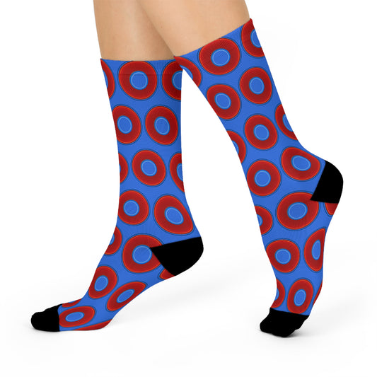 Lumpy Sox - cushioned crew - vivid red donut print w/medium royal blue background