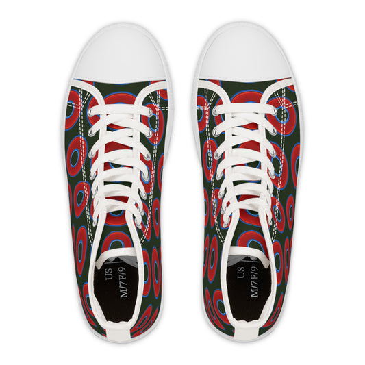 Women's High Top Chuck Taylors - large vivid red donut print w/deep forest green