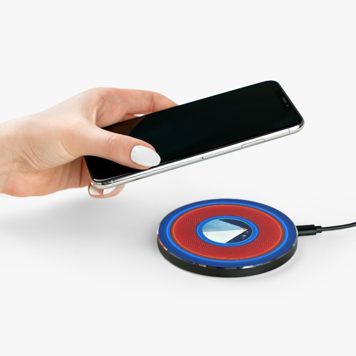 The Flow - Wireless Lumpy Donut Chargers - "Limestone Wireless Donut Chargers So Large " - rustic red/blue donut w/dark blue background - variant 1