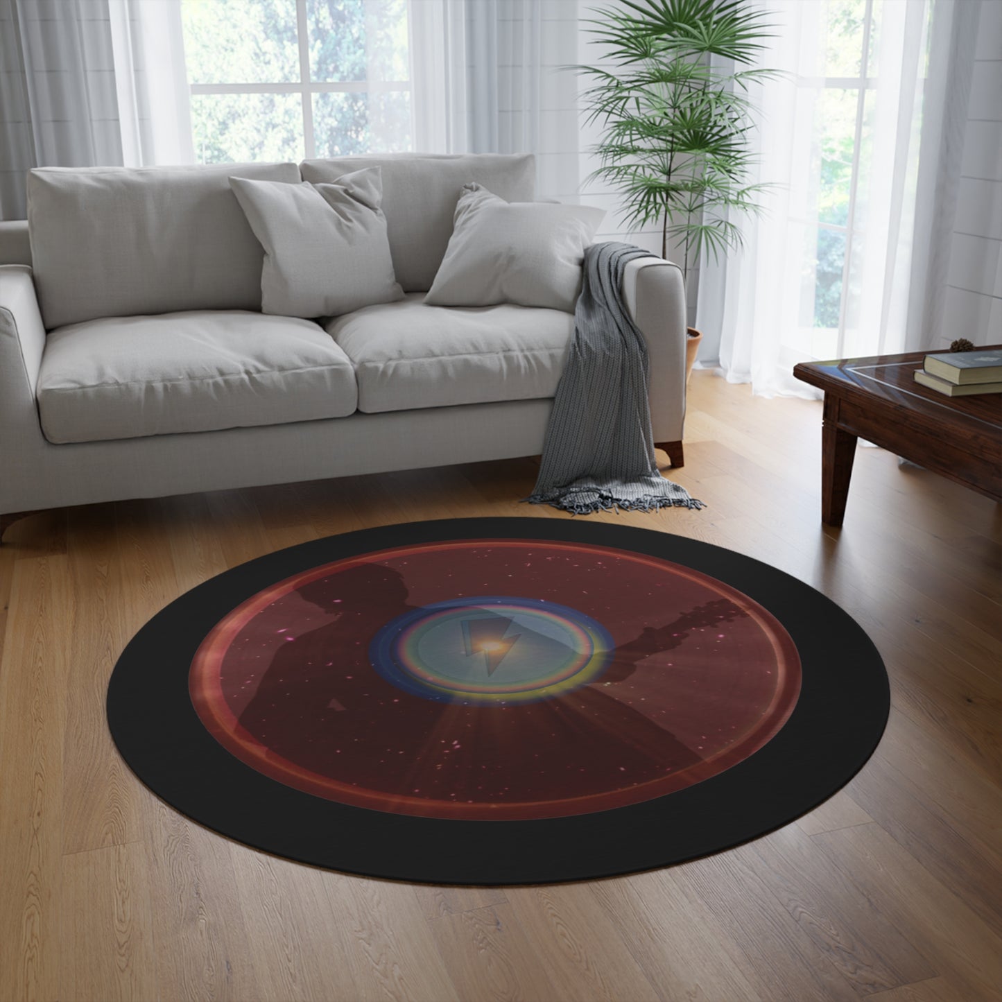 Round Room - 5 ft x 5 ft Lumpy Donut Rug - "The Unofficial Donut of Bowie MD" - vivid donut w/black background