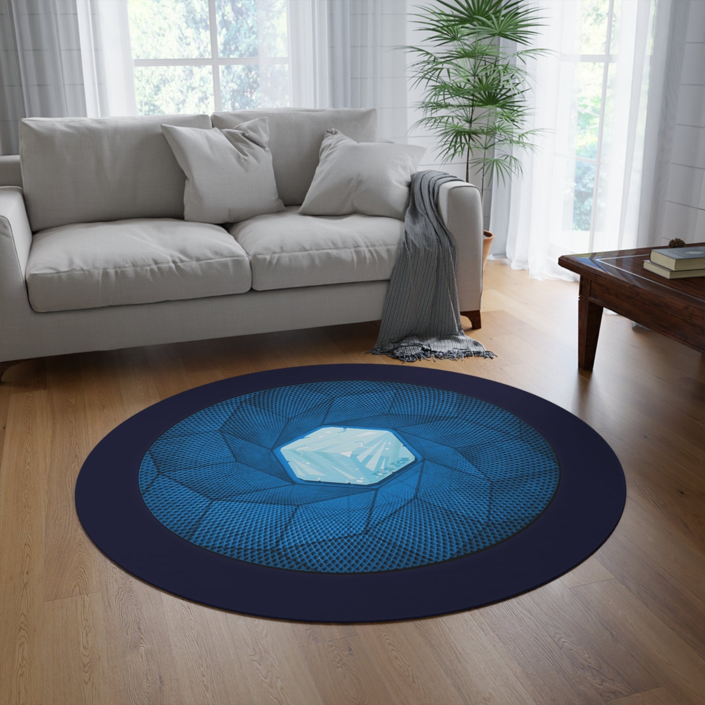 Round Room - 5 ft x 5 ft Lumpy Donut Rug - "It's Ice... Cube's Donut Rug" - cubed blue donut w/dark navy background - variant 2