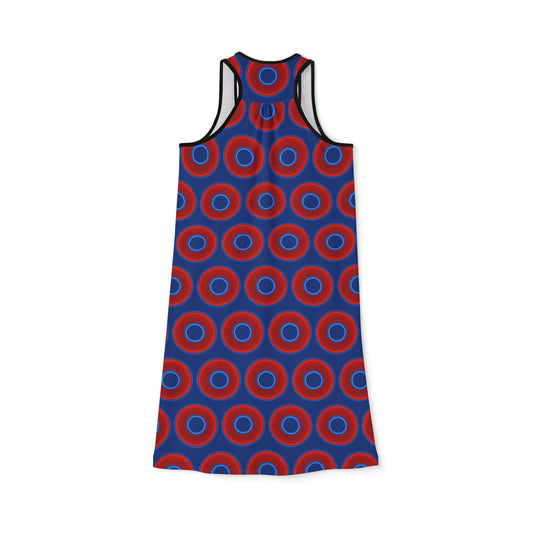 Tela's Lumpy Racerback Donut Dress - red vivid donut print w/dark blue background