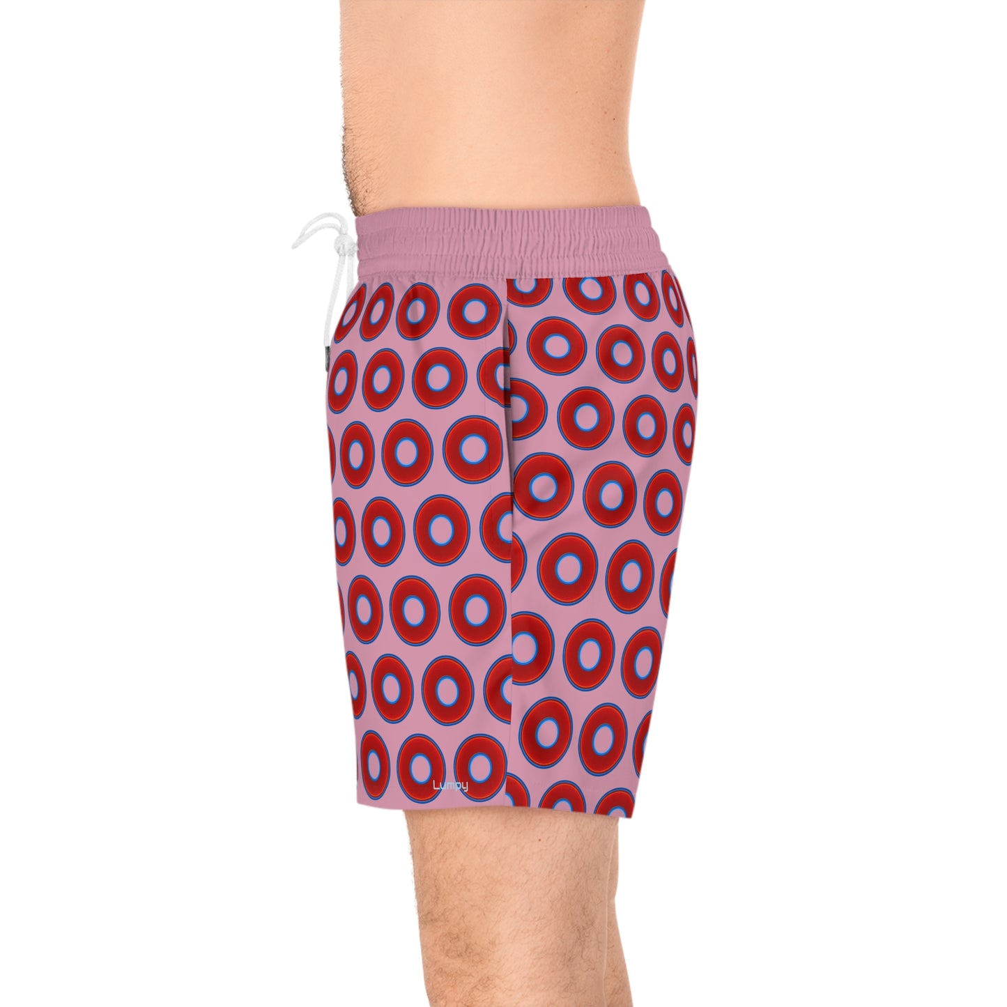 Men's Lumpy Swim Trunks - vivid red donut print w/pale magenta background