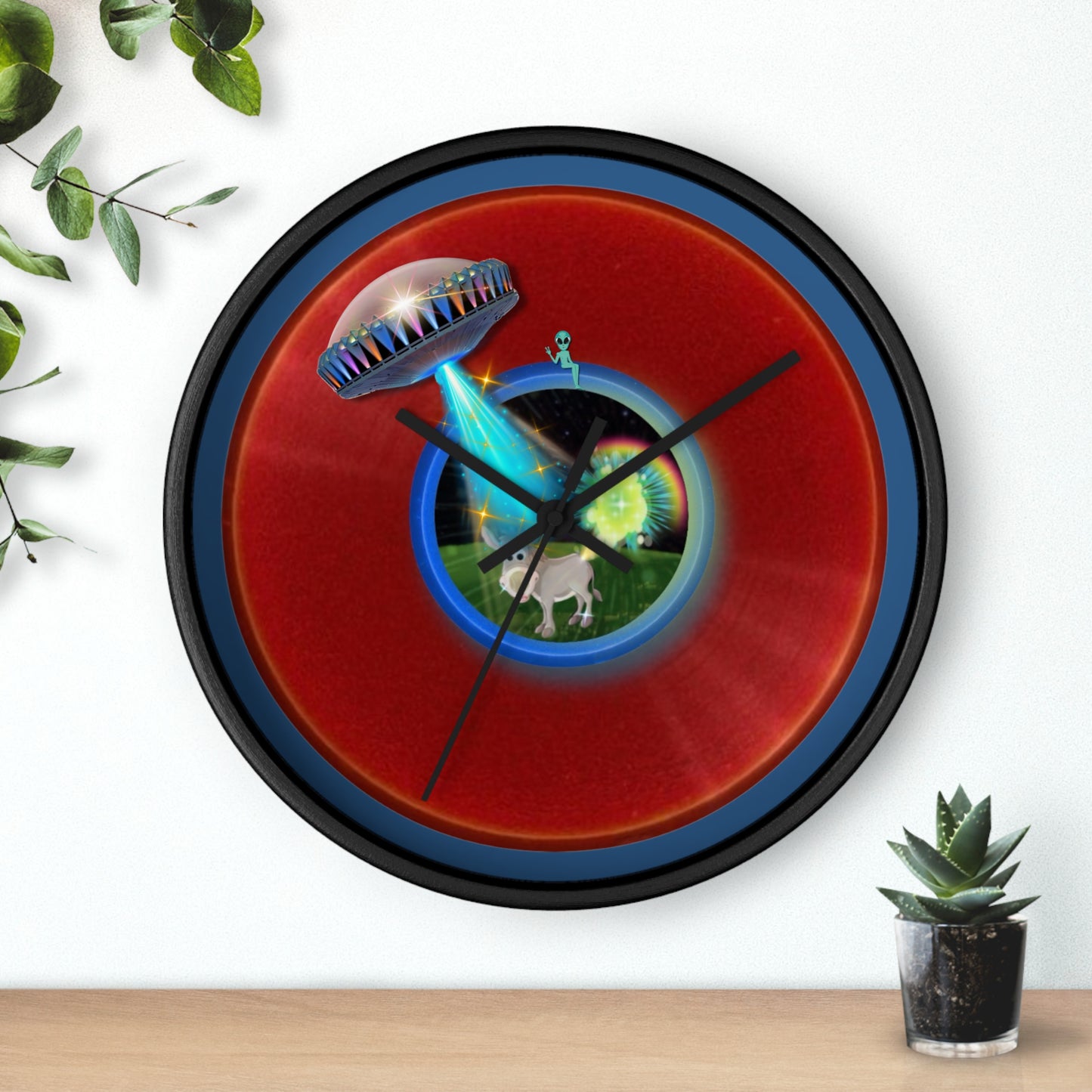 Lumpy Wall Clock - "Donut Clocks? In Tomahawk County?" - variant 1 - vivid red/blue donut w/light navy background