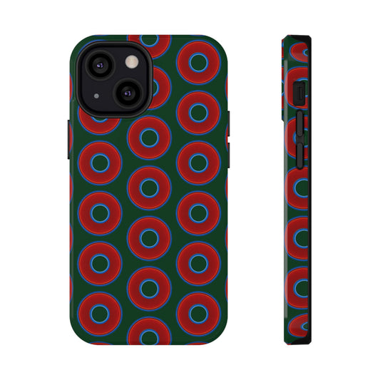 Impact-Resistant Lumpy Donut Case - red vivid donut print w/dark pond green background