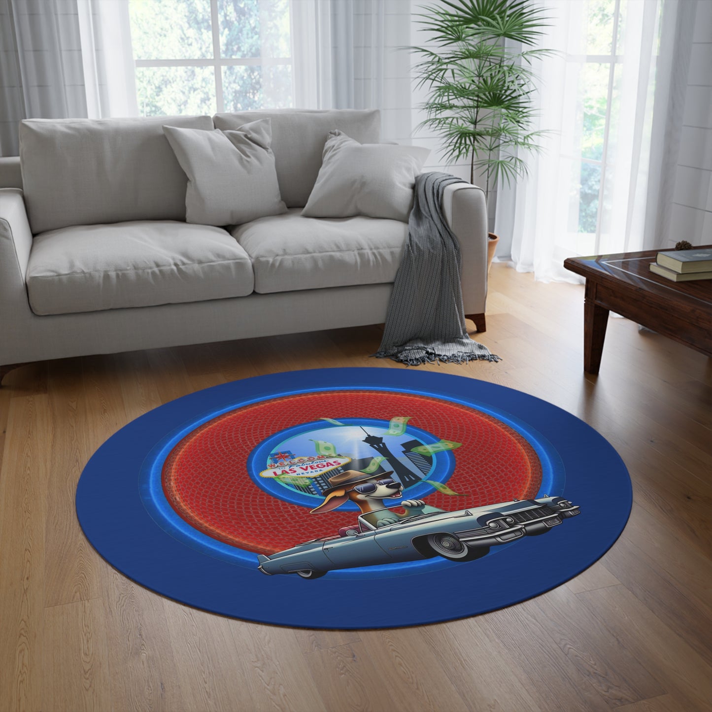 Round Room - 5 ft x 5 ft Lumpy Donut Rug - "Jimmy's Runaway Donut Rug" - rustic red/blue donut w/dark blue background - variant 2