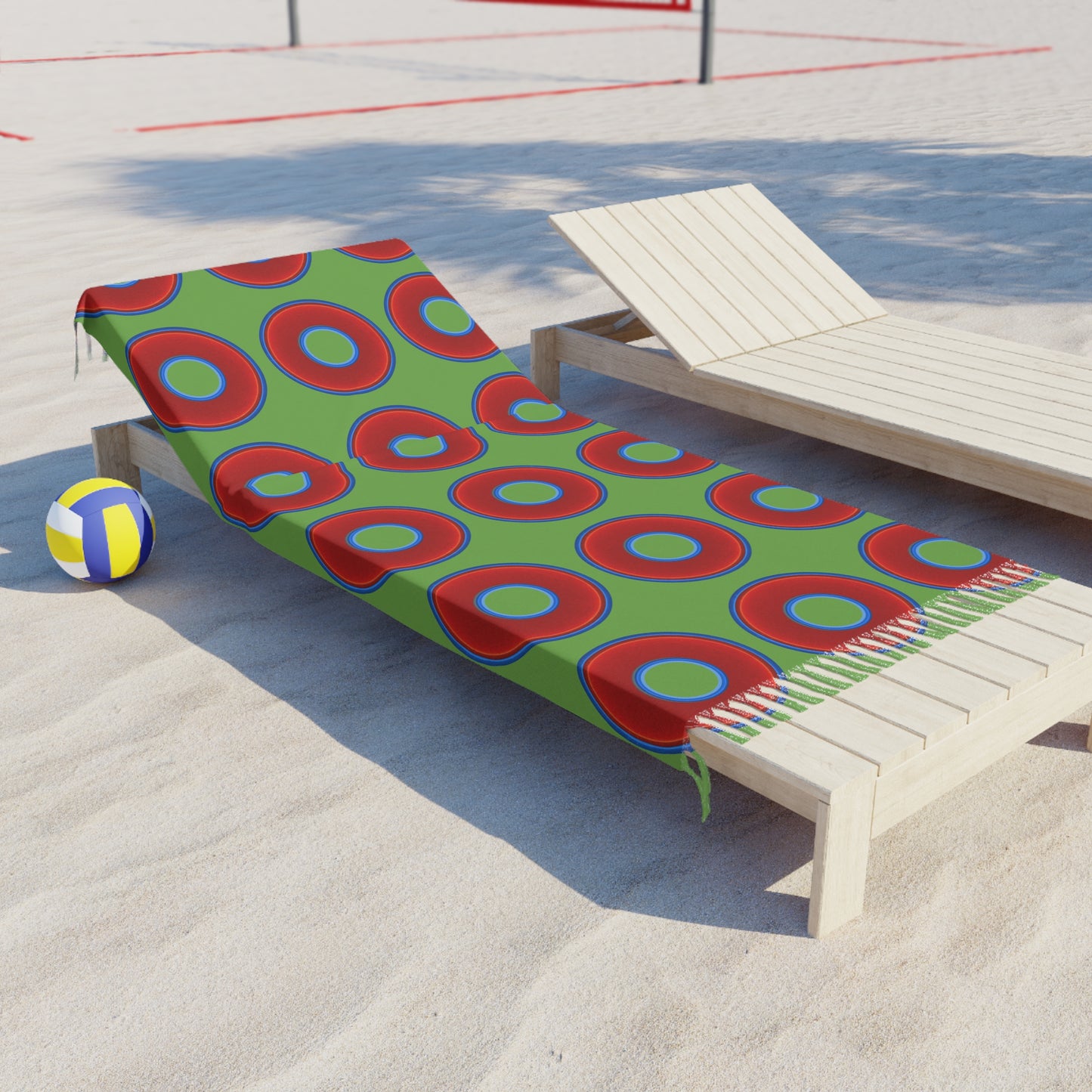 Oversized Lumpy Beach Towel - vivid red donuts w/light green background