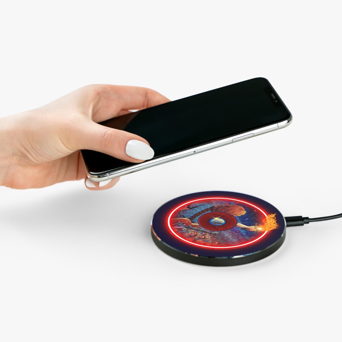 The Flow - Wireless Lumpy Donut Chargers - "Torchbearer's Donut" - vivid red/blue pic donut w/midnight blue background
