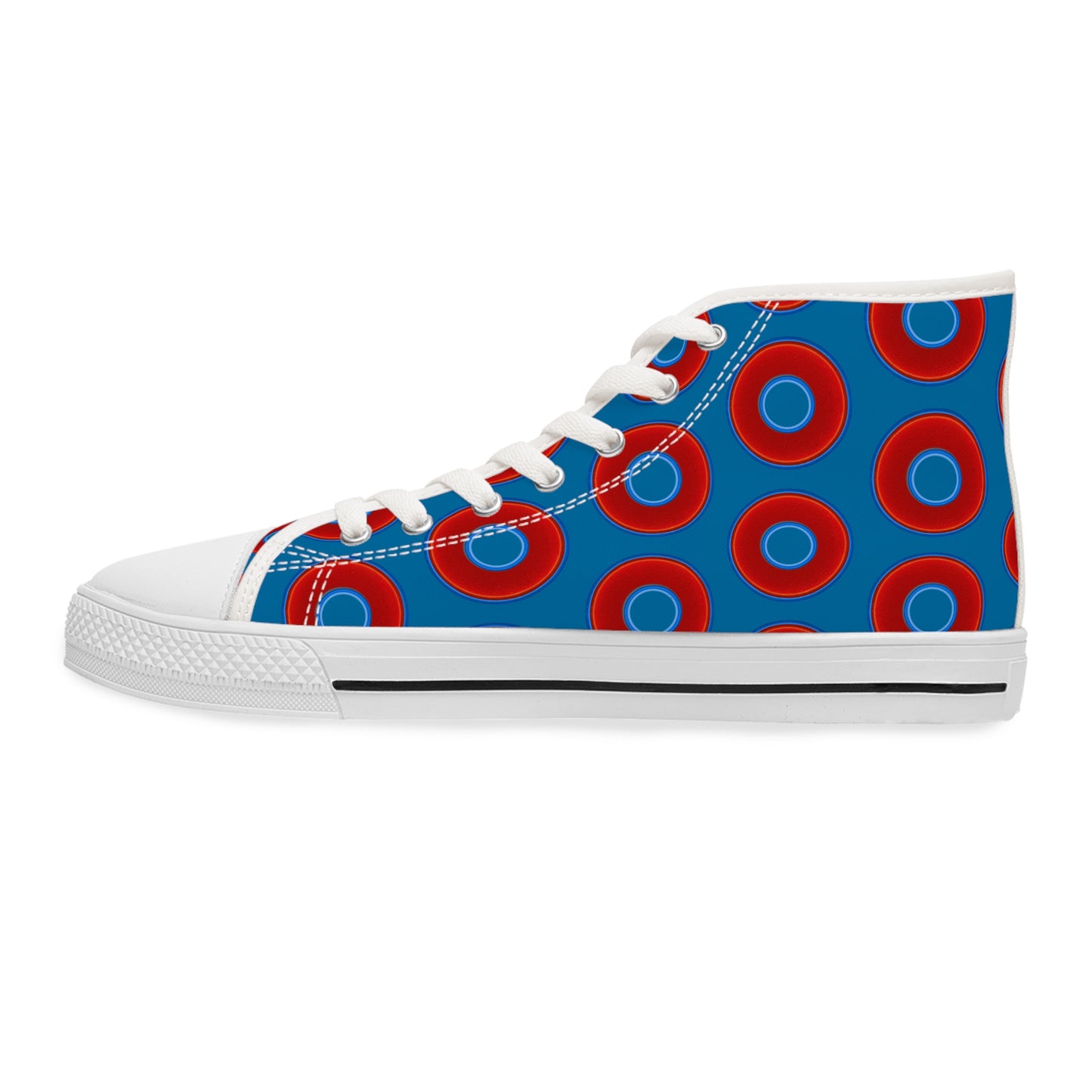 Women's High Top Chuck Taylors - large vivid red donut print w/wavy navy blue background