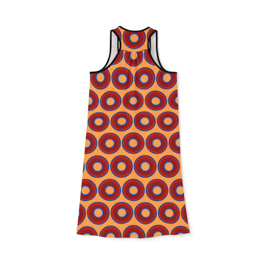 Tela's Lumpy Racerback Donut Dress - red vivid donut print w/creamsicle orange background
