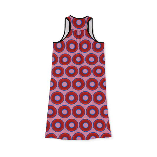 Tela's Lumpy Racerback Donut Dress - red vivid donut print w/pale magenta background