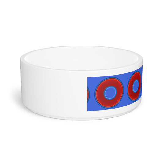 16 oz Lumpy Pet Bowl - vivid red donuts w/royal blue background