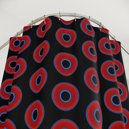The Curtain With "Donuts" - Lumpy Bath Time Fun - vivid red donuts w/black background