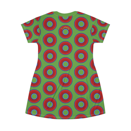 Not a Muumuu AOP Tee Shirt Dress - red vivid donuts w/light green background