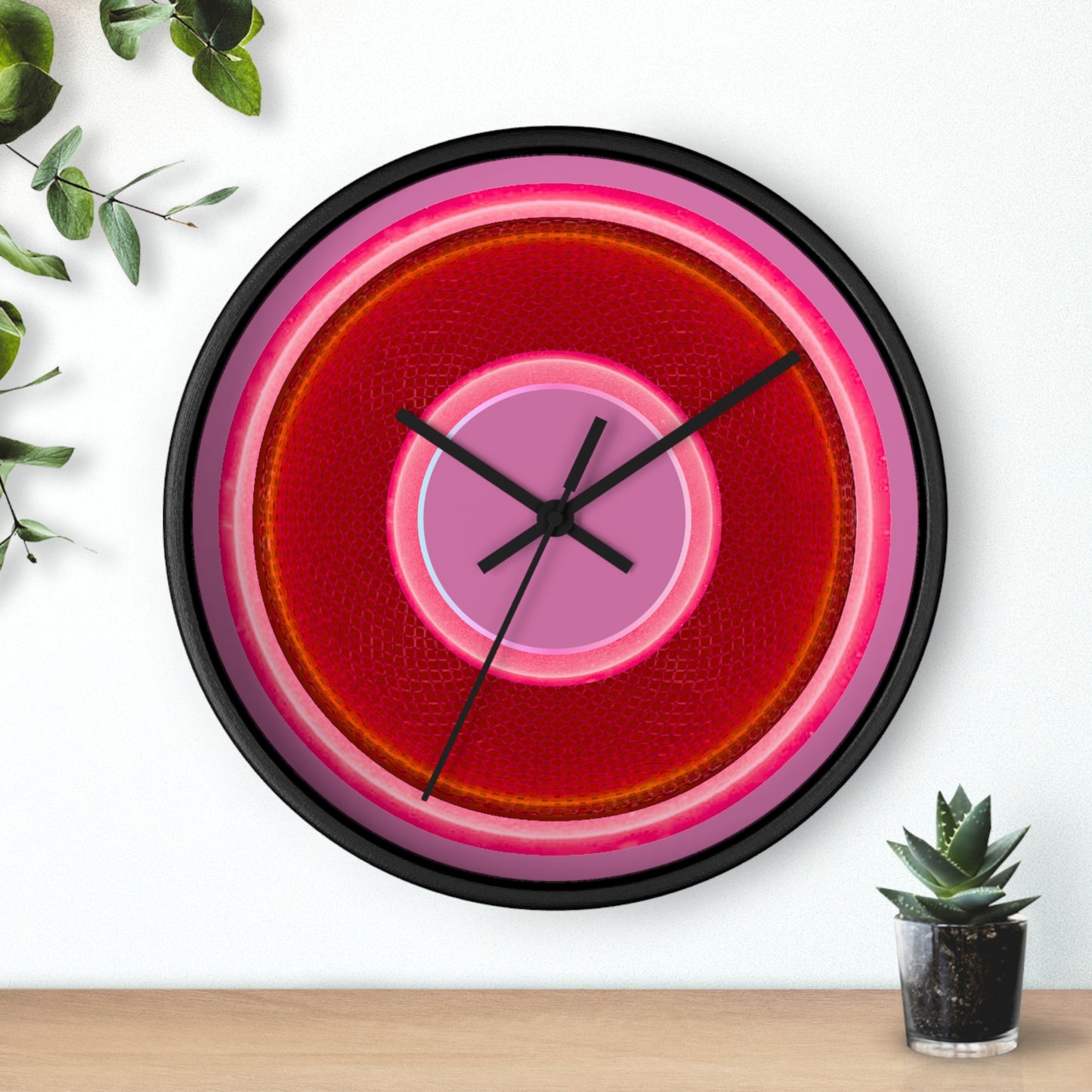 Lumpy Wall Clock - red rustic donut w/pink edging - variant 2 w/pink background