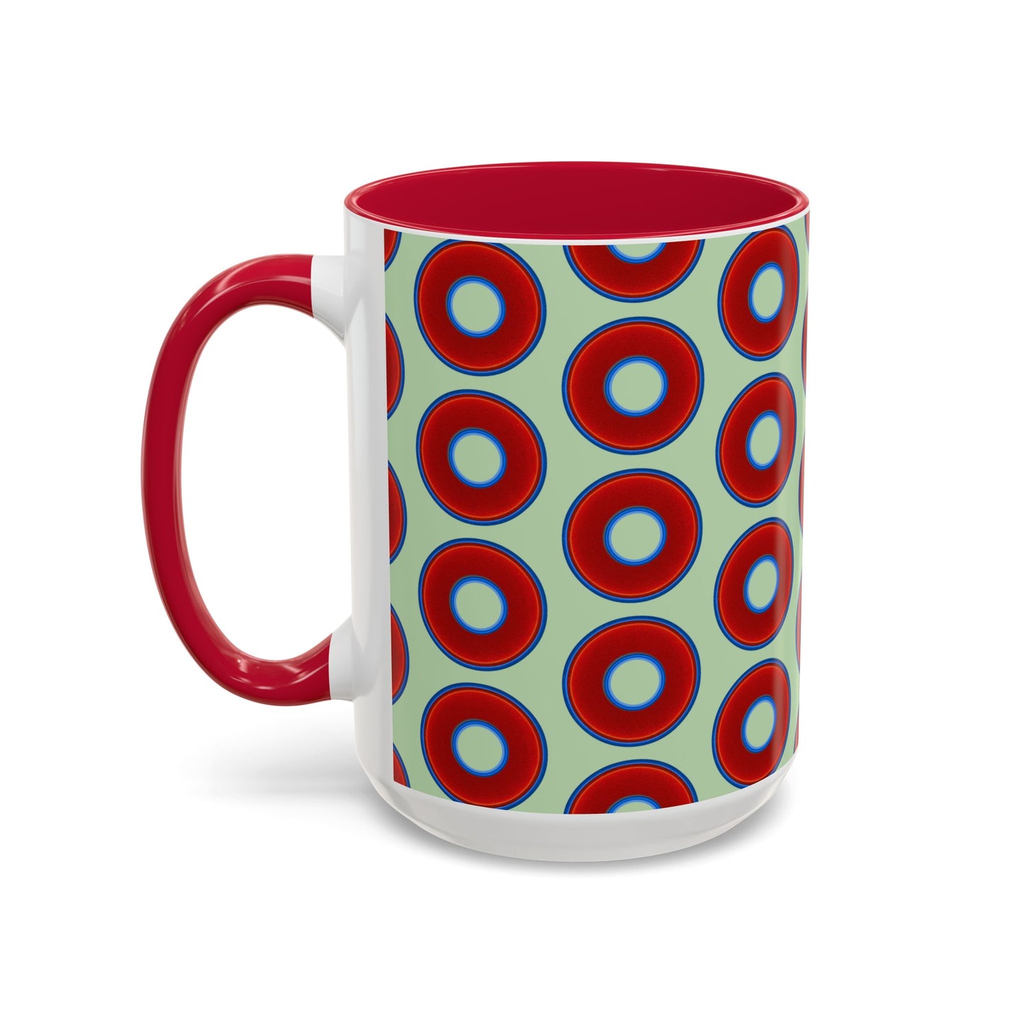 Lump's Grumpy Coffee Mug - vivid red donuts w/seafoam background