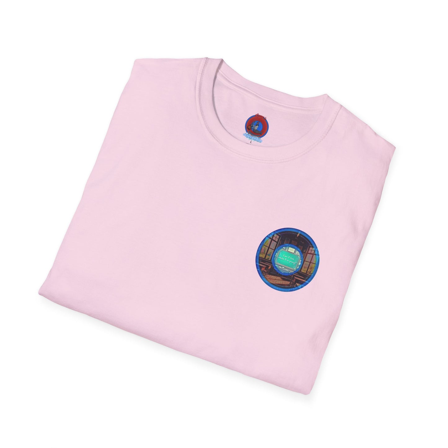 Classic Donut Tee - Unisex Soft-Style - "The Torturous Chalk Dust Donut " - blue/red picture donut