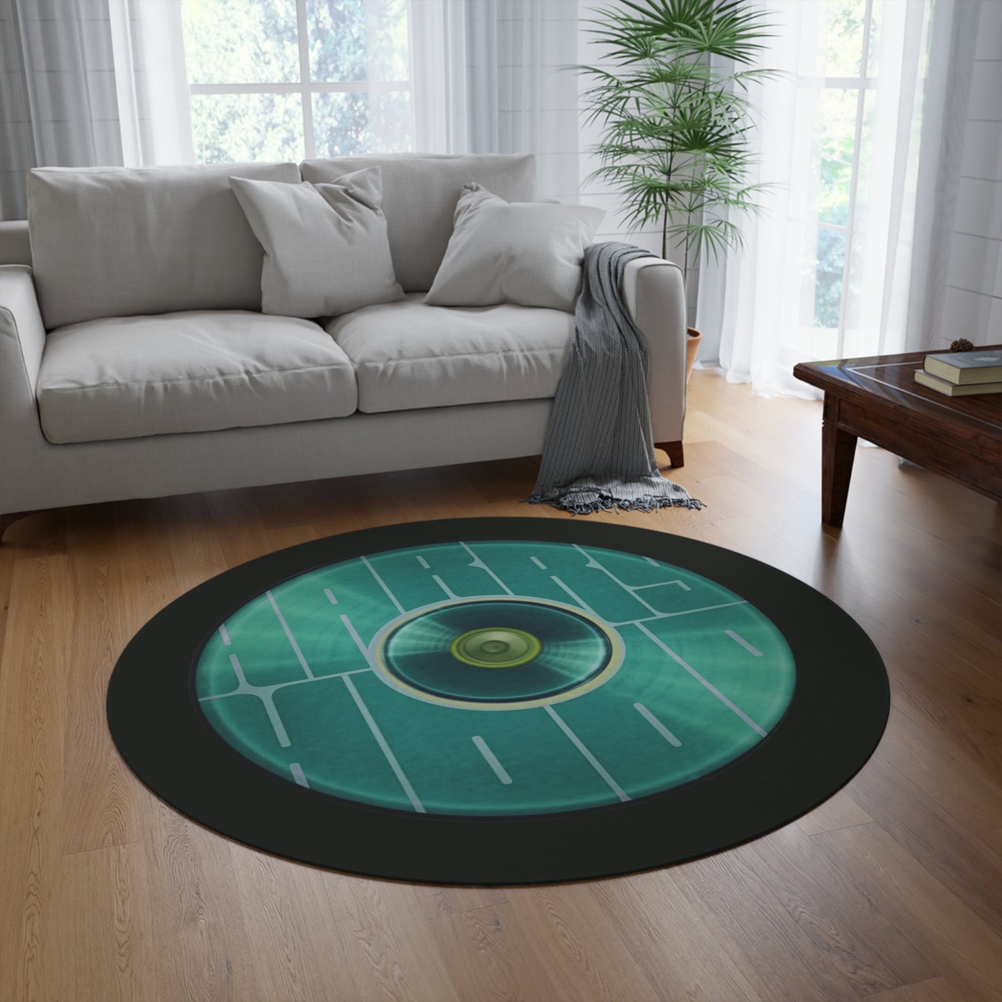 Round Room - 5 ft x 5 ft Lumpy Donut Rug - "Harry's Hoodlum Donut Rug" - vivid green word donut w/deep forest green background - variant 2