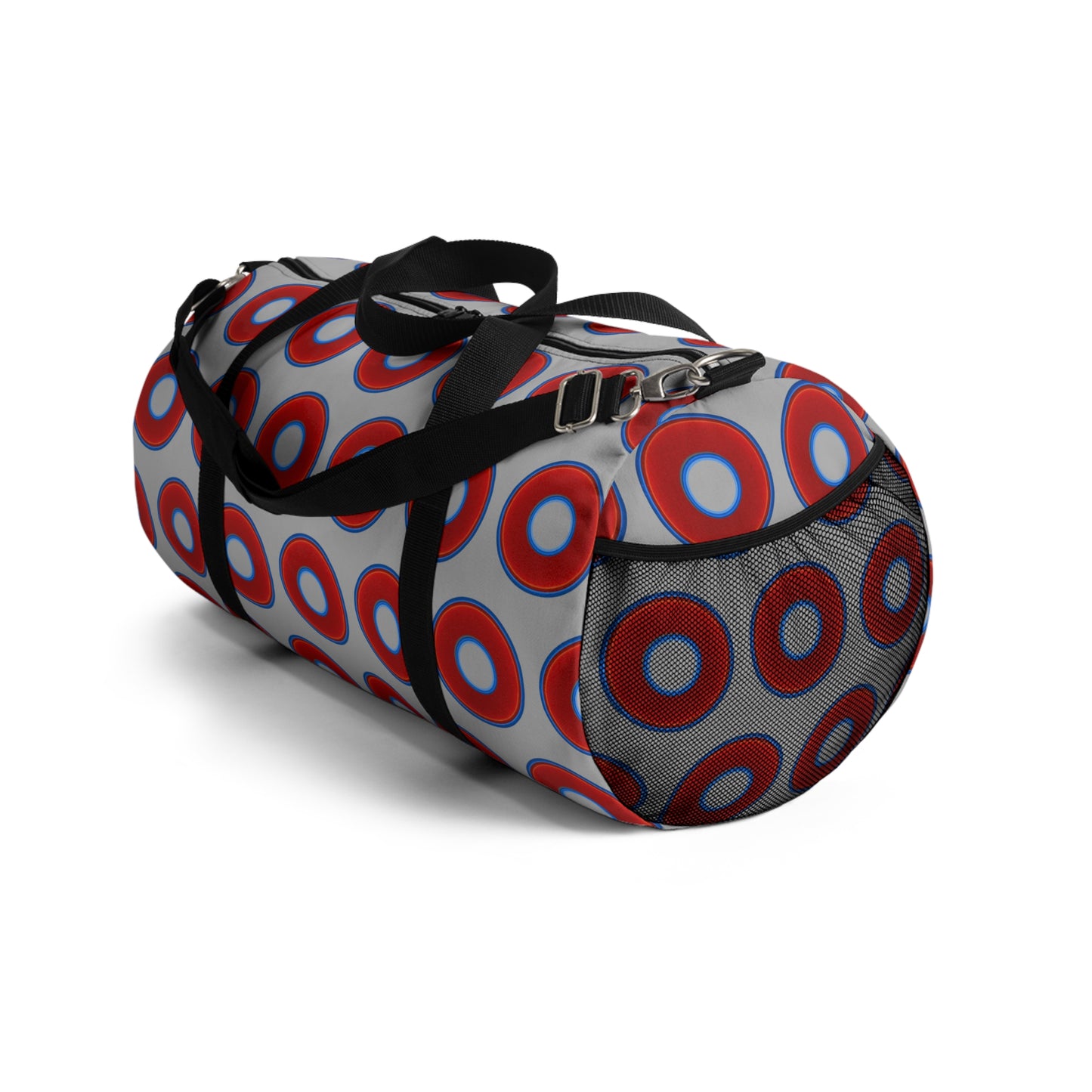 Lumpy Duffel - vivid red donuts w/light gray background