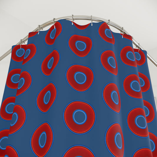 The Curtain With "Donuts" - Lumpy Bath Time Fun - vivid red donuts w/light navy background
