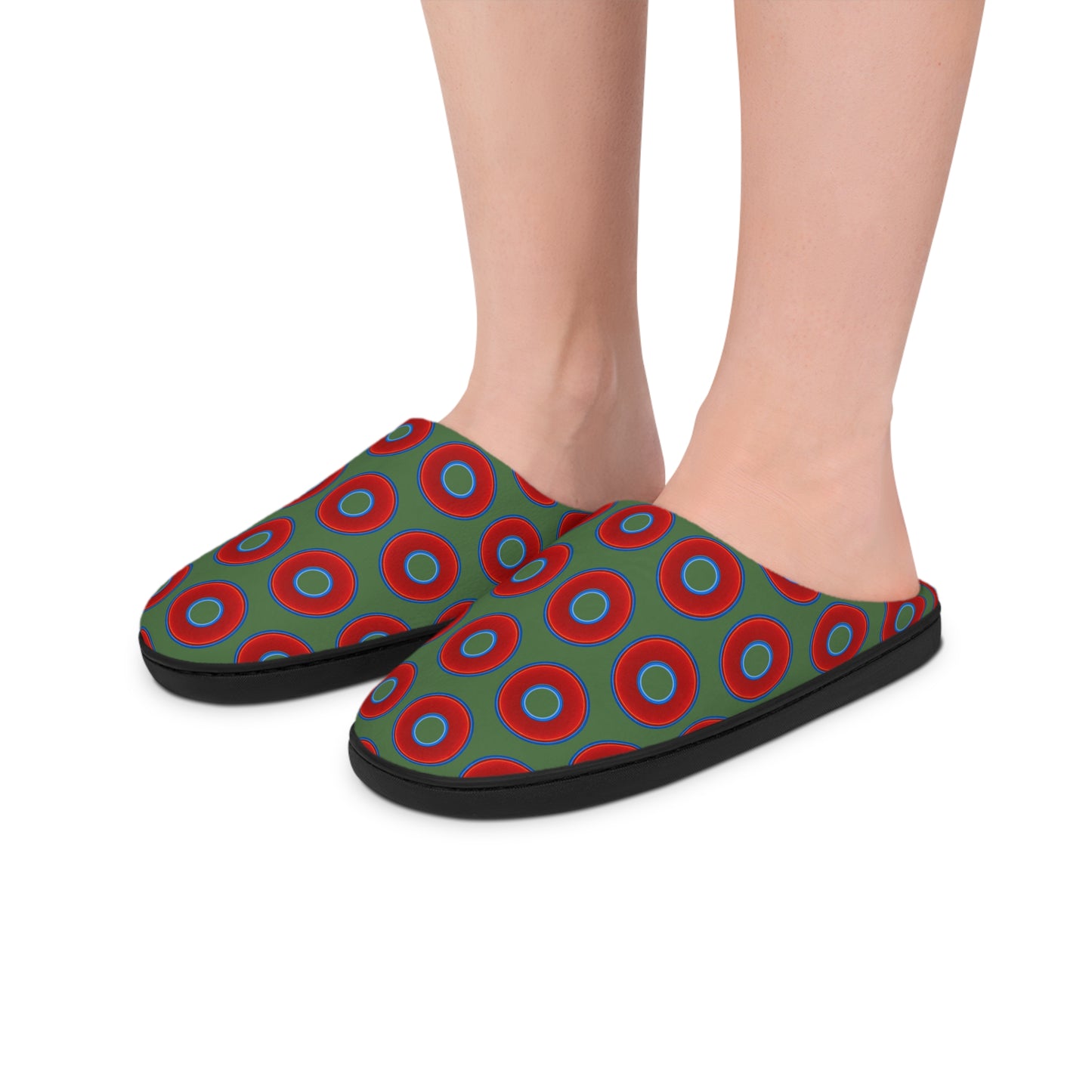 Women's Lumpy Slippers - red vivid donut print w/dark green background