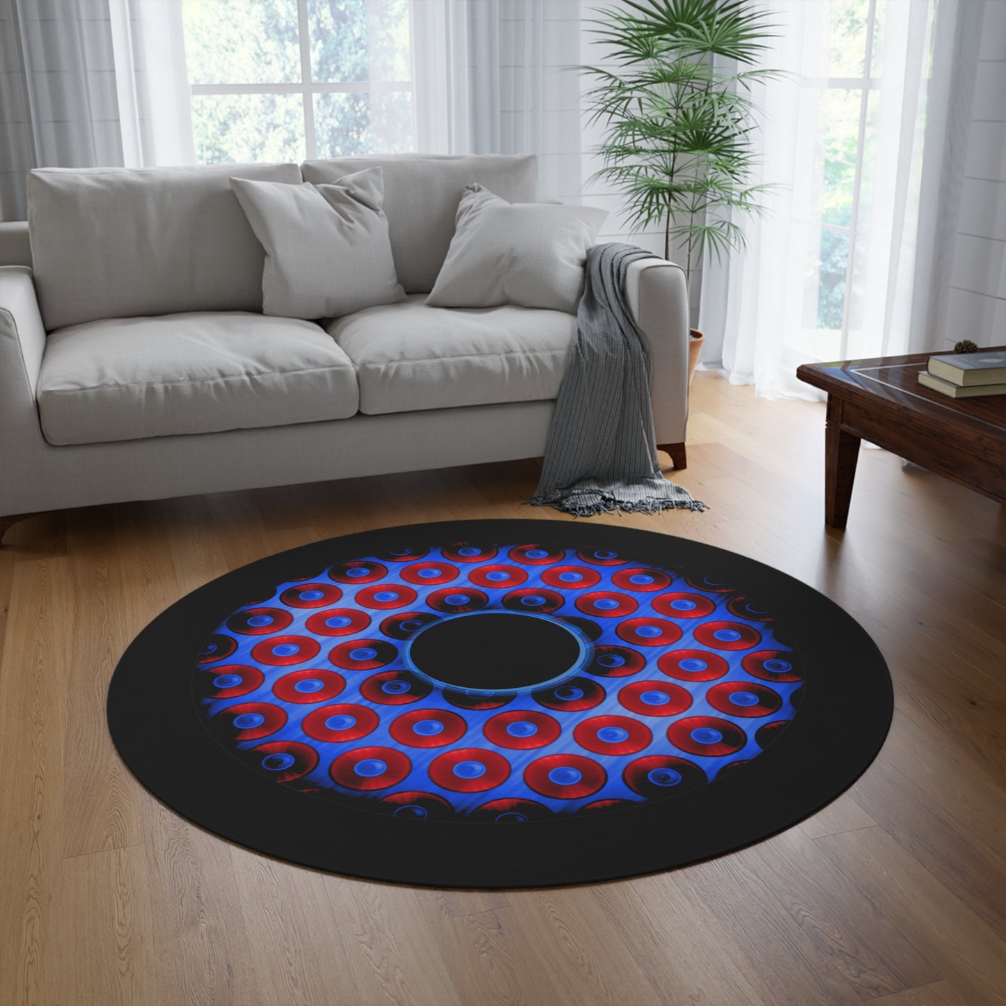 Round Room - 5 ft x 5 ft Lumpy Donut Rug - "Bling Paradox" - bling paradoxical red/blue donut w/hole & black background